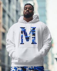 Men's Street Fashion Blue Camouflage Letter M Print Plus Size Hoodie Suit