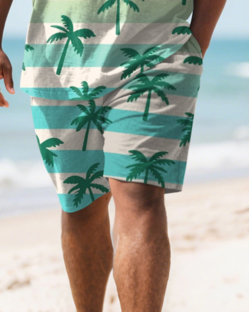 Men's Plus Size Green Coconut Tree Gradient Print Round Neck Short Sleeve T-Shirt Shorts Suit