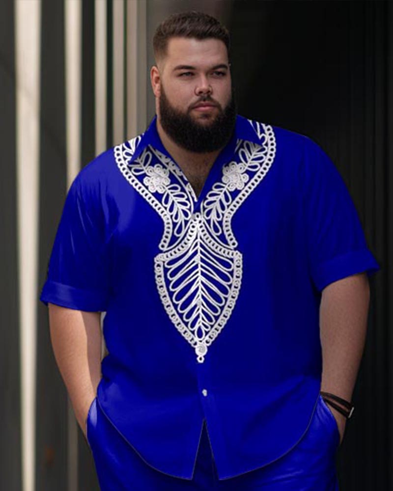Men's Plus Size Business Casual Symmetrical Retro Pattern Printed Short Sleeve Shirt Trousers Set
