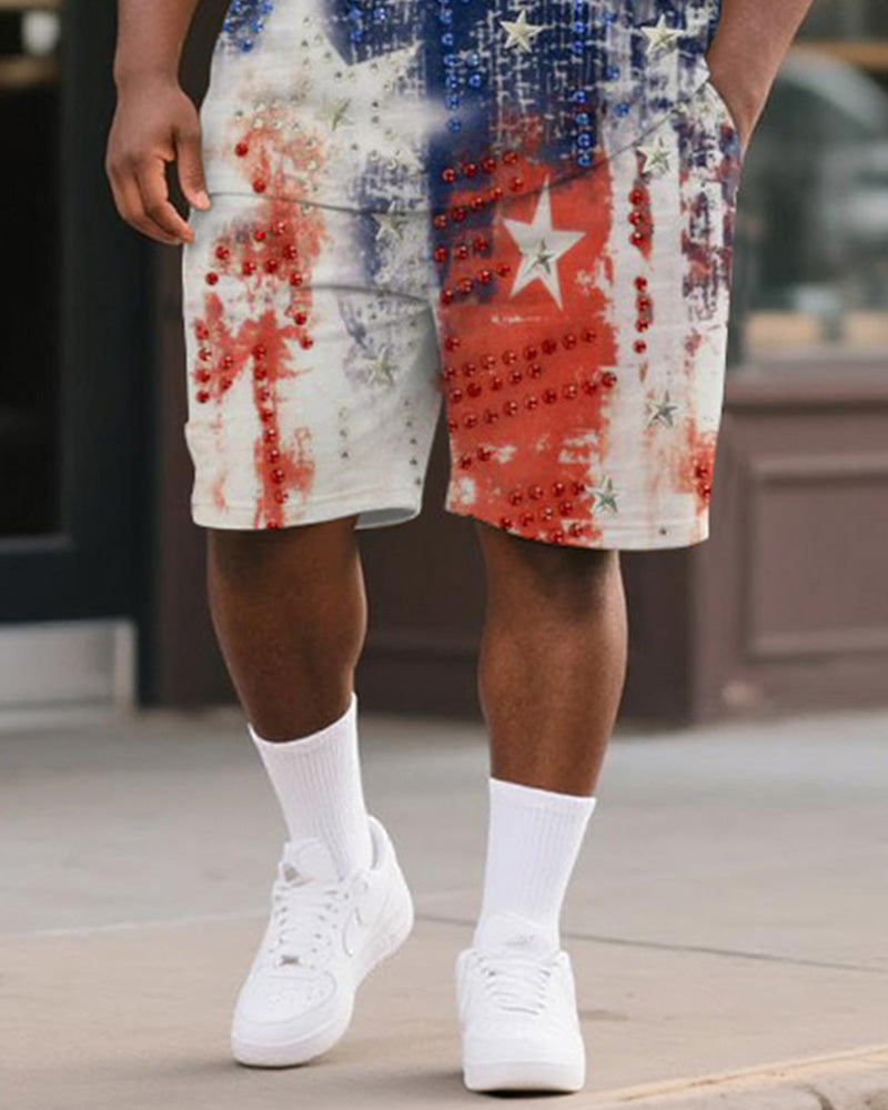 Big & Tall Men's Independence Day Star Print Round Neck Short Sleeve T-Shirt Shorts Suit