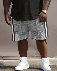 Street Casual Black And White Colorblock Plaid Print Large Men's Set