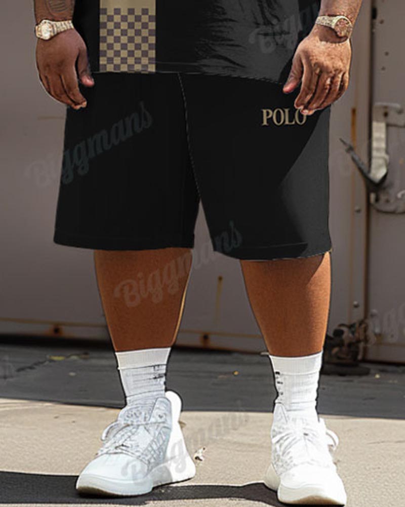 Men's Big Size Simple Plaid Patchwork Letter Printed T-shirt Shorts Set
