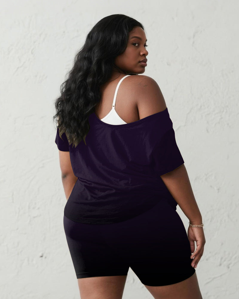 Women's Big & Tall Halloween Purple Pumpkin Graffiti Print Short Sleeve Shorts Suit