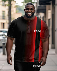 Men's Plus Size Black And Red Gradient Colorblock Alphabet Print Henry Collar T-Shirt Trousers Suit
