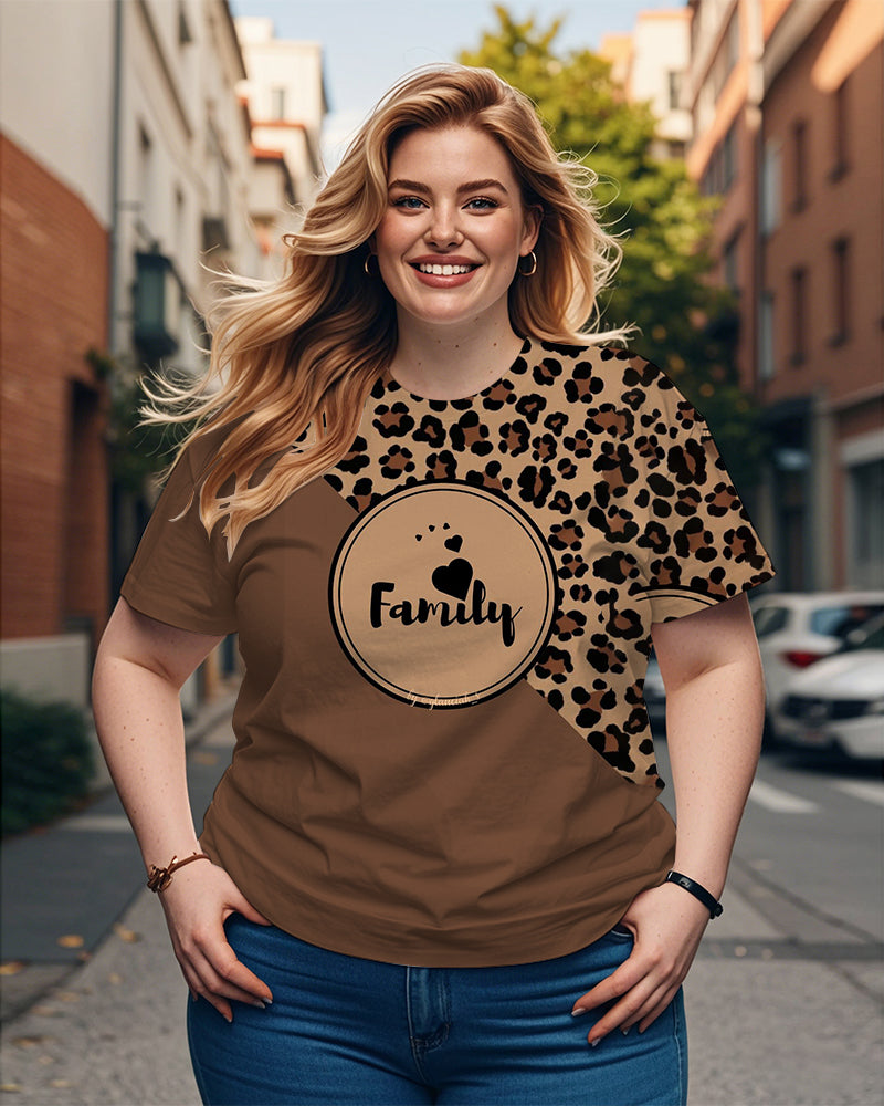 Women's Plus Size Family Leopard Print Round Neck Short Sleeve T-Shirt