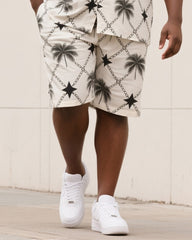 Big & Tall Men's Summer Daily Casual Diamond Cut Palm Leaf/Broken Four-Corner Star Mans Shirt Shorts Suit