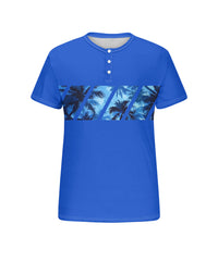 Big & Tall Men's Hawaiian Blue Patchwork Coconut Tree Print Henry Collar Button Short Sleeve T-Shirt