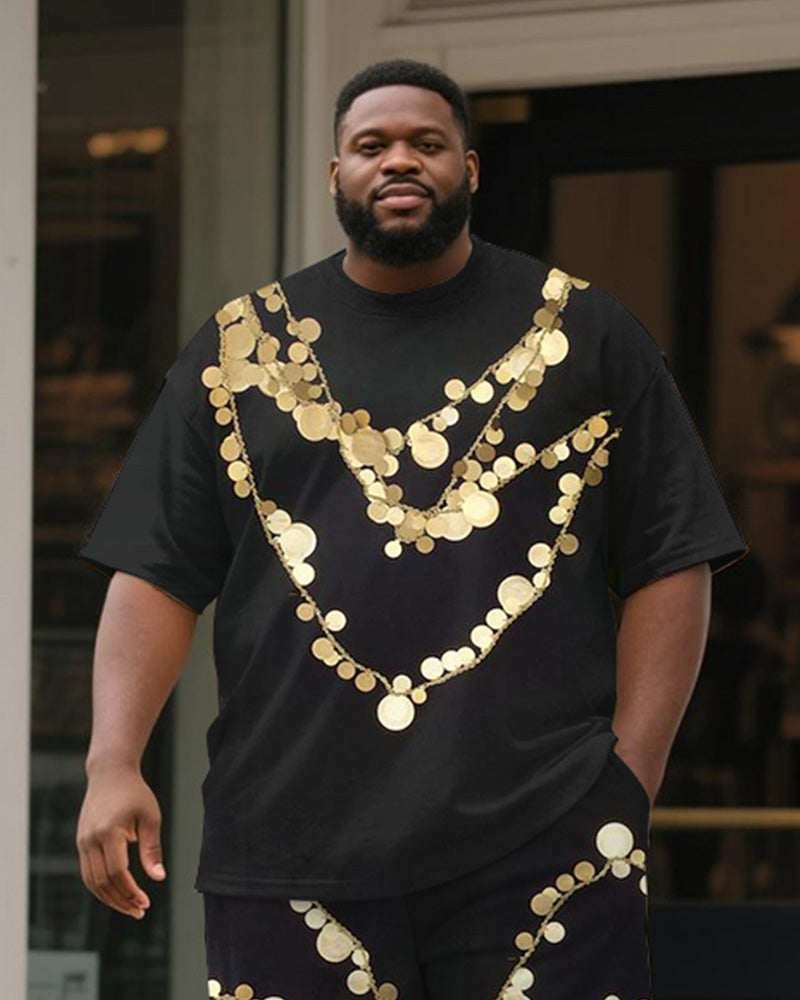 Big & Tall Men's Black Round Geometric Chain Print Round Neck Short Sleeve T-Shirt Shorts Suit