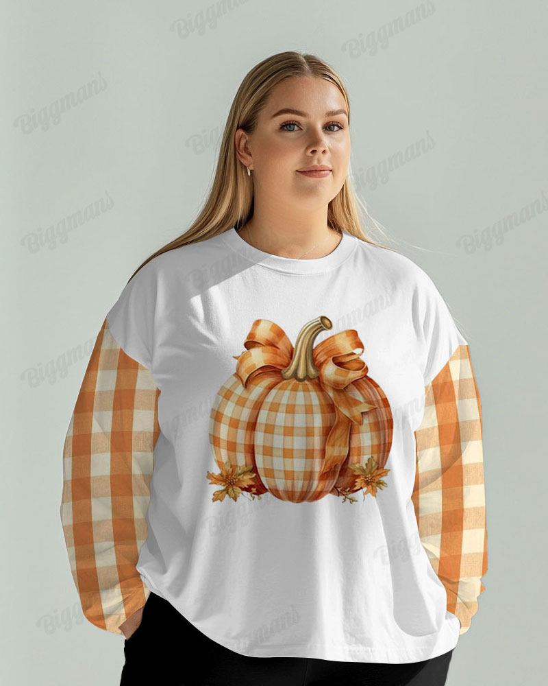 Women's Big and Tall Patchwork Plaid Pumpkin Print Long Sleeve T-shirt