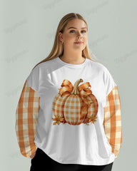 Women's Big and Tall Patchwork Plaid Pumpkin Print Long Sleeve T-shirt