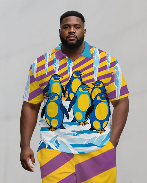 Big Men's Stripe Style Penguin Cartoon Printed Casual Short-Sleeve Polo Shirt & Shorts Set