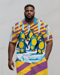 Big Men's Stripe Style Penguin Cartoon Printed Casual Short-Sleeve Polo Shirt & Shorts Set