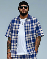 Men's Business Casual Blue Plaid Printed Big Size Short Sleeve Shirt and Shorts Set