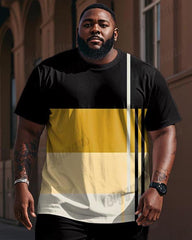 Big Men's Black And Yellow Stripe Geometric Colorblock Print T-shirt Trousers Set