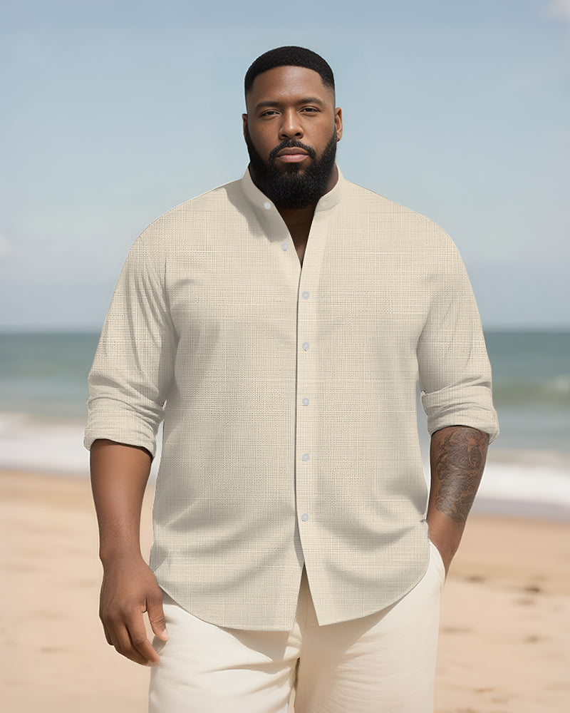 Big & Tall Men's Daily Solid Color Bamboo Hemp Texture Stand Collar Long Sleeve Shirt