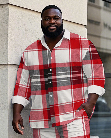 Big Men's Classic Black & Red Plaid Printed Casual Business Long Sleeve Shirt Pants Set