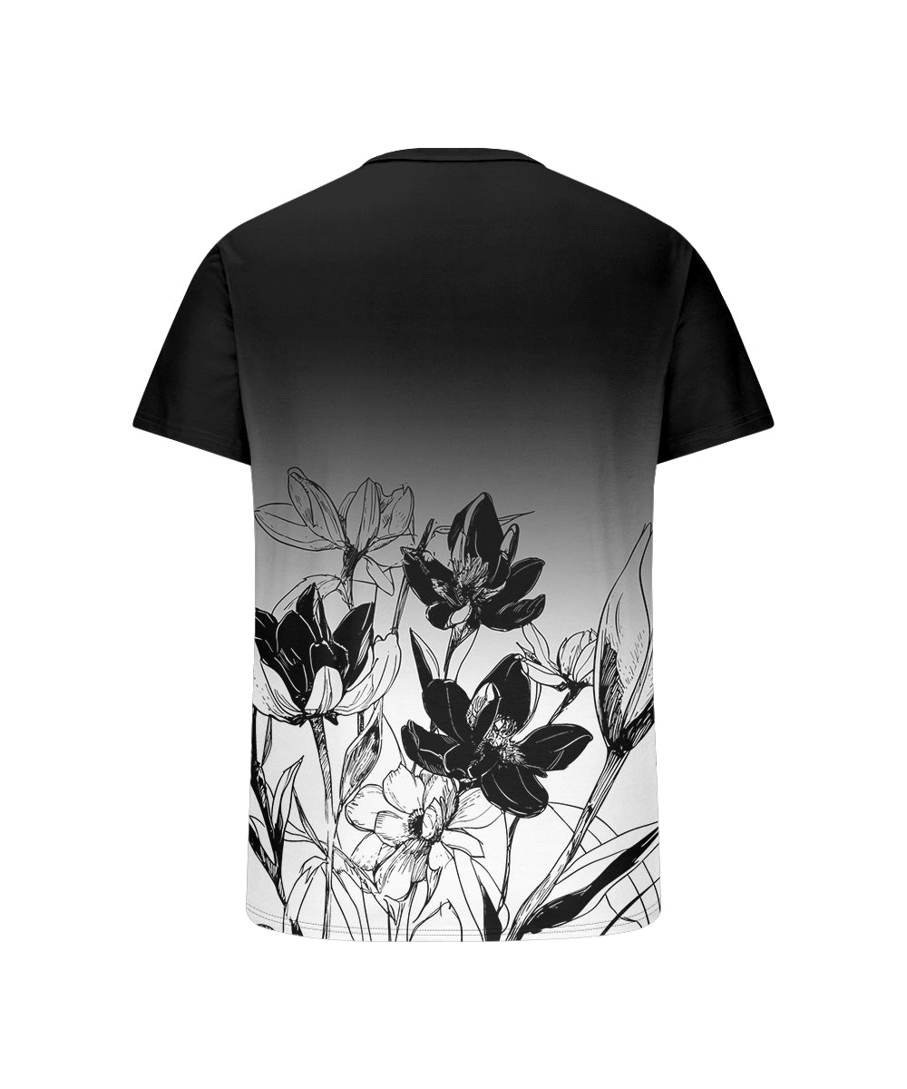 Men's Plus Size Black And White Gradient Floral Print Henry Collar Button Short Sleeve T-shirt