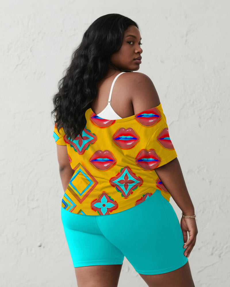Women's Plus Size Daily Casual Graffiti Lips Geometric Print Short Sleeve Shorts Suit