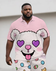 Big Men's Cute Sugar Bear Printed Casual Outdoor Short-Sleeve Polo Shirt Shorts Set