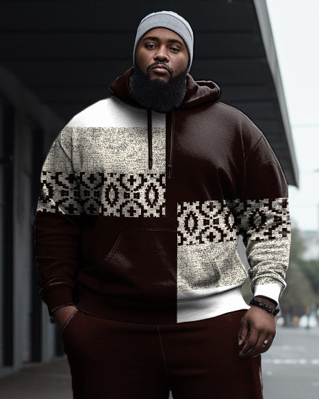 Men's Large Size Ethnic Pattern Color Block Casual Hoodie and Sweatpants Two Piece Set