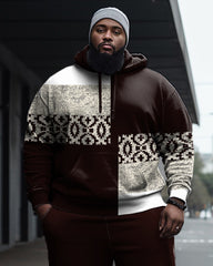 Men's Large Size Ethnic Pattern Color Block Casual Hoodie and Sweatpants Two Piece Set
