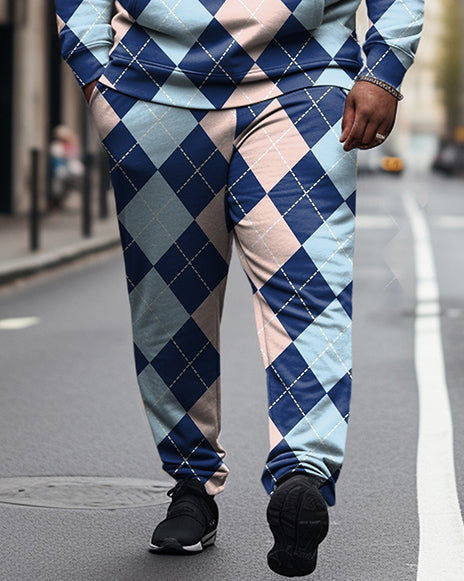 Men's Plus Size Diamond Color Block Casual Hoodie and Sweatpants Two Piece Set