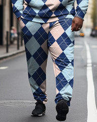 Men's Plus Size Diamond Color Block Casual Hoodie and Sweatpants Two Piece Set