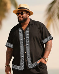 Big Men's Vacation Casual Bohemian Style White Striped Edge Textured Black Short Sleeve Shirt Shorts Suit
