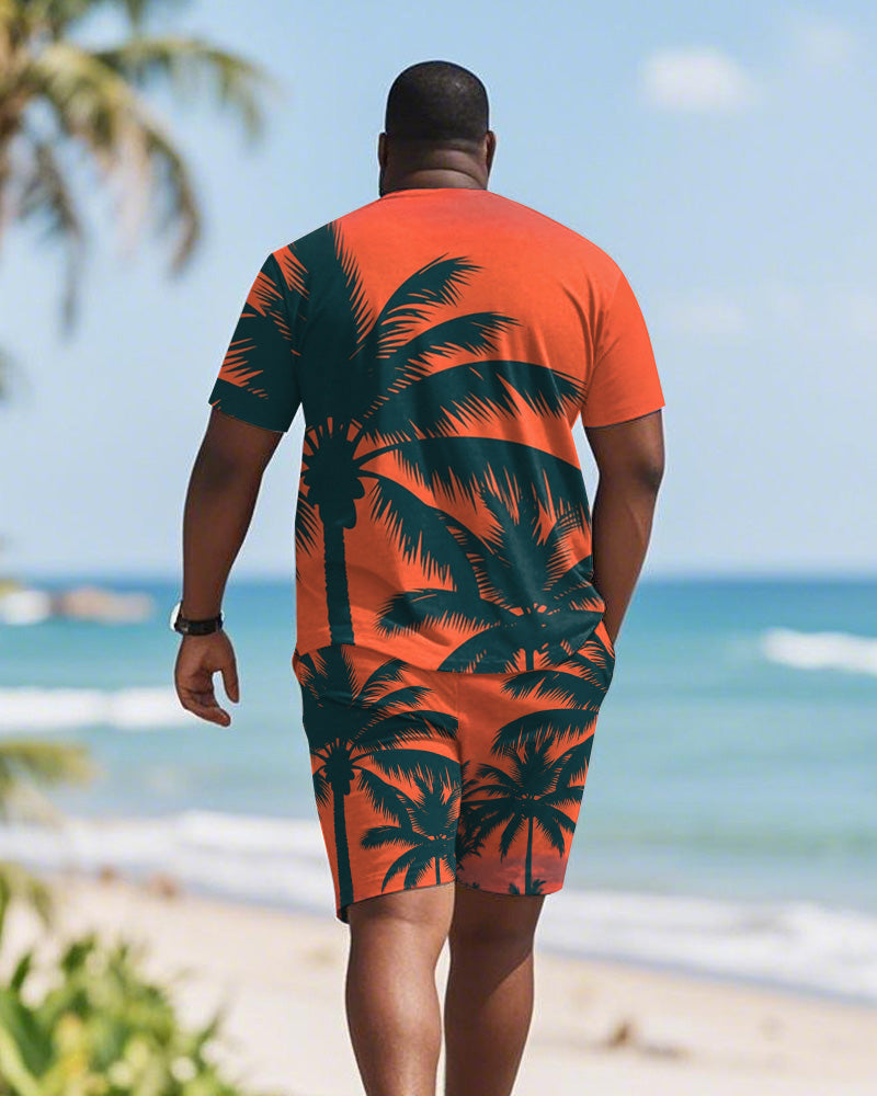 Men's Plus Size Orange Coconut Tree Silhouette Print Round Neck Short Sleeve T-Shirt Shorts Suit