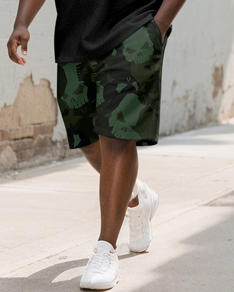 Men's Plus Size Street Graffiti Camouflage Skull Print Round Neck Short Sleeve T-Shirt Shorts Suit