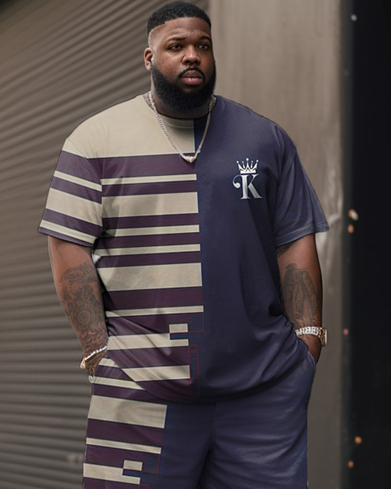 Street Casual Striped Contrast Color Stitching K Letter Crown Print Large Men's Suit