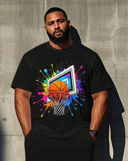 Big Men's Casual Colorful Ink Splash Basketball Printed Short Sleeve T-shirt Pants Set