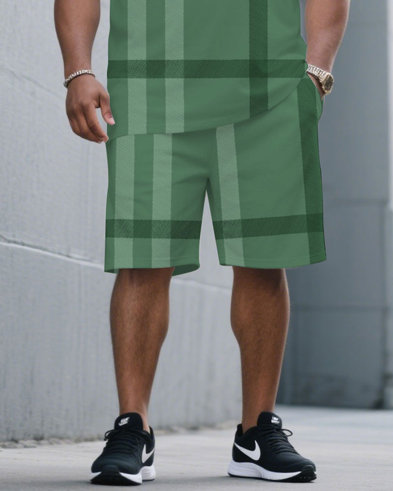 Men's Plus Size Green Large Plaid Jacquard Fabric Round Neck Short Sleeve T-Shirt Shorts Suit