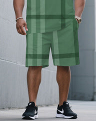 Men's Plus Size Green Large Plaid Jacquard Fabric Round Neck Short Sleeve T-Shirt Shorts Suit