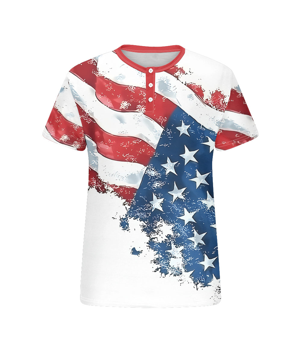 Men's Plus Size Independence Day American Flag Print Henley Collar Button Short Sleeve Tee