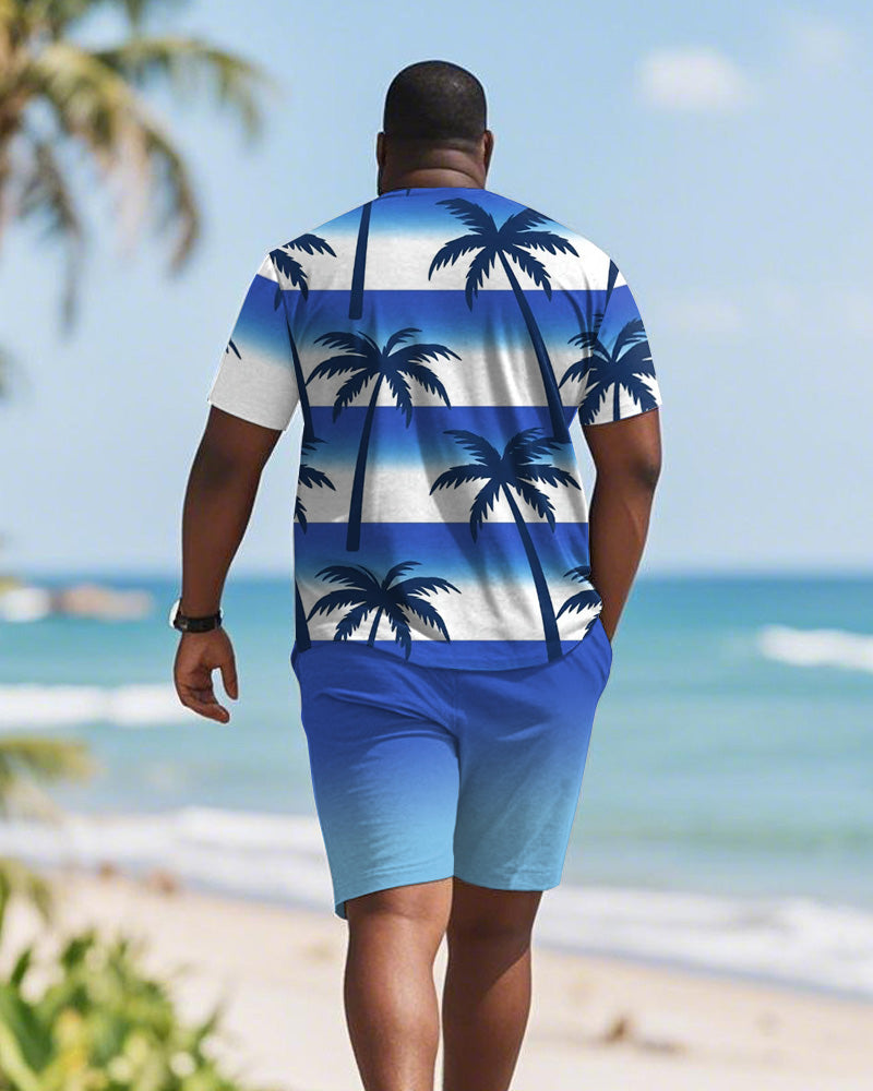 Men's Plus Size Blue Coconut Tree Gradient Stripe Print Round Neck Short Sleeve T-Shirt Shorts Suit