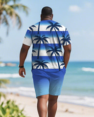 Men's Plus Size Blue Coconut Tree Gradient Stripe Print Round Neck Short Sleeve T-Shirt Shorts Suit