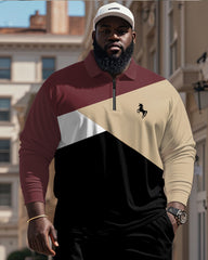 Men's Simple Wine Red Khaki Black Color Block Printed Zipper Polo Shirt Trousers Suit