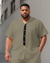 Men's Plus Size Khaki Placket Stitching Black Characteristic Short Sleeve Shirt Shorts Suit