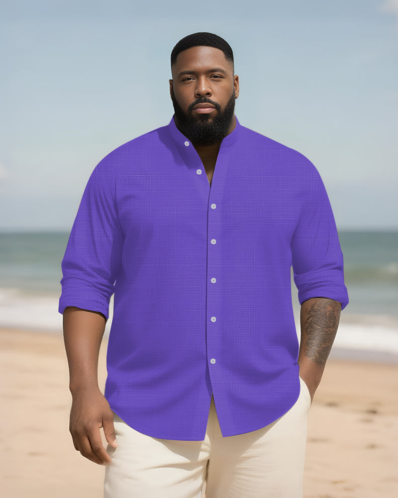 Big & Tall Men's Daily Solid Color Bamboo Hemp Texture Stand Collar Long Sleeve Shirt