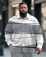 Big & Tall Men's Business Grey Colorblock Geometric Print Bamboo Hemp Texture Long Sleeve Shirt Trousers Suit