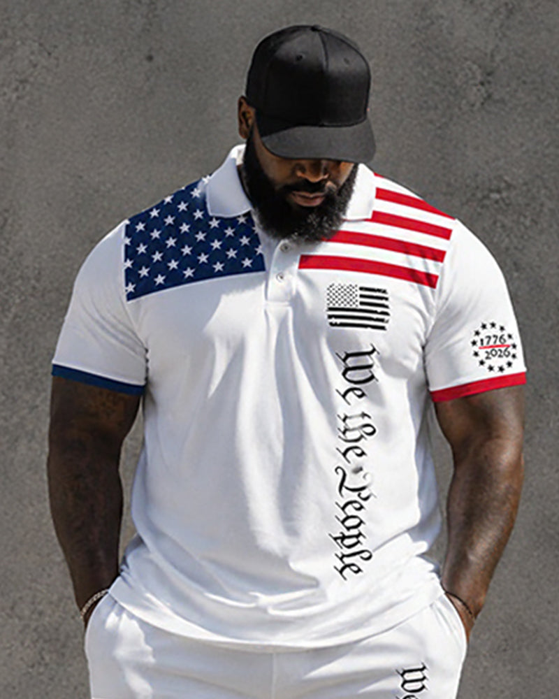 Big & Tall Men's Stars And Stripes Patchwork Printed POLO Short Sleeve Shorts Set