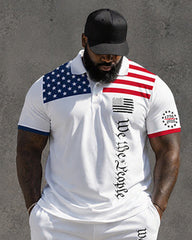 Big & Tall Men's Stars And Stripes Patchwork Printed POLO Short Sleeve Shorts Set