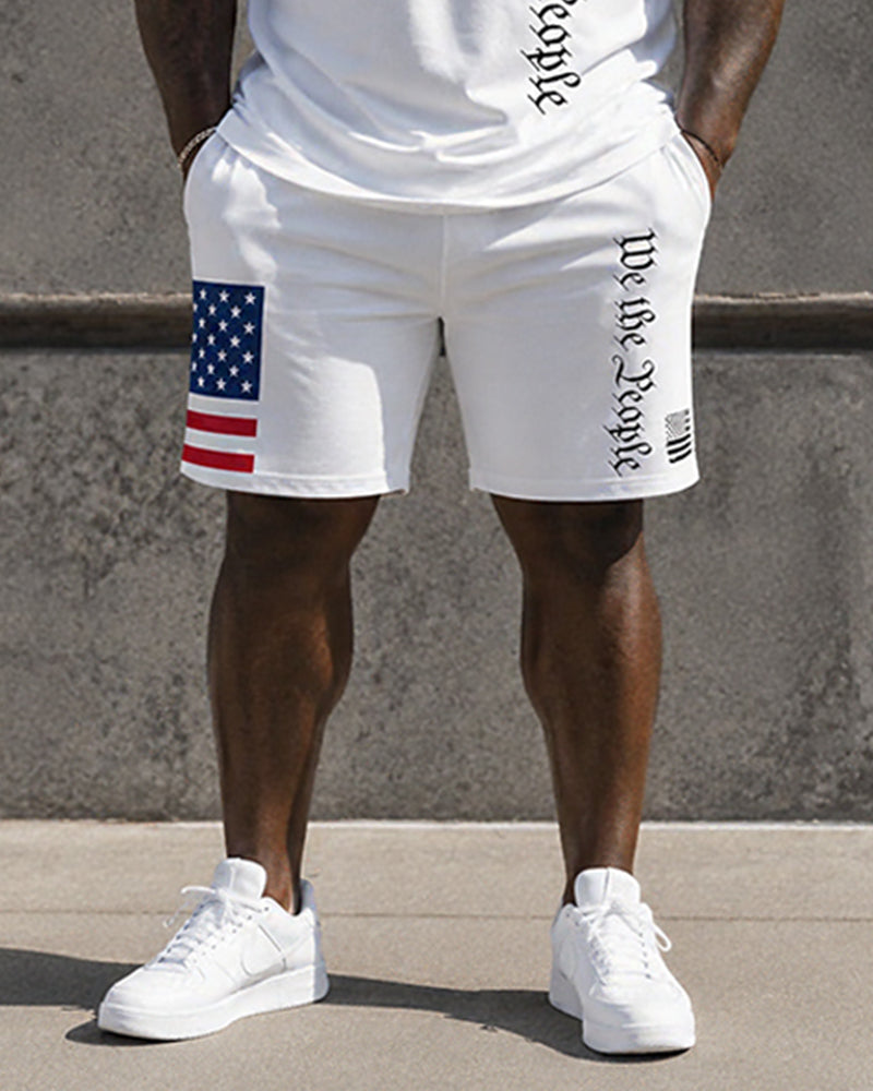 Big & Tall Men's Stars And Stripes Patchwork Printed POLO Short Sleeve Shorts Set