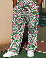 Men's Casual Vintage Floral Folk Printed Big & Tall Short Sleeve T-shirt Pants 2-piece Set