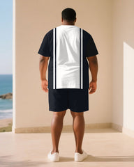 Big & Tall Men Dark Blue & White Chest King Slogan Print Round Neck Short Sleeve T-Shirt Shorts Suit