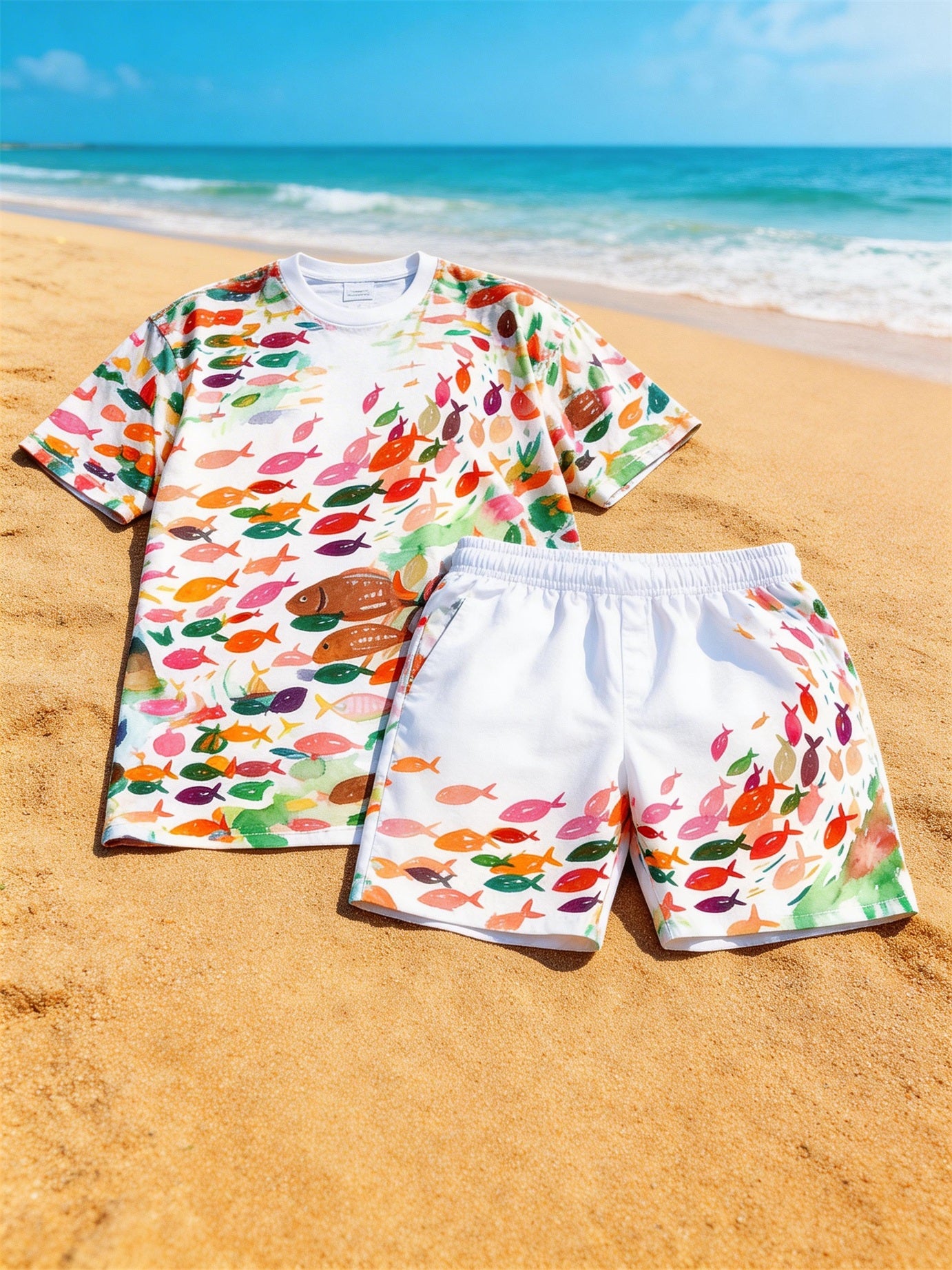 Big & Tall Men's Watercolor Small Fish Print Round Neck Short Sleeve T-Shirt Shorts Set