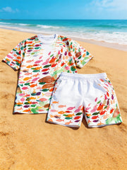Big & Tall Men's Watercolor Small Fish Print Round Neck Short Sleeve T-Shirt Shorts Set