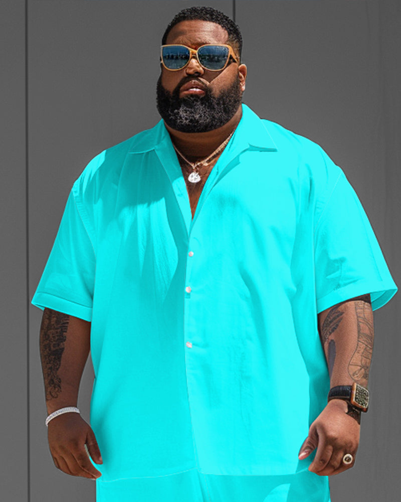 Big Men's Fluorescent Aqua Blue Solid Color Short Sleeve Shirt Shorts Set