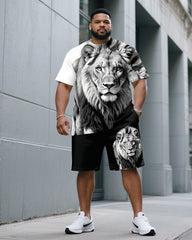 Big & Tall Men White & Black 3D Lion Print Round Neck Short Sleeve T-Shirt Shorts Suit